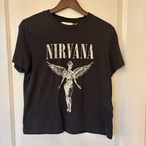 H&M Nirvana 2024 T-shirt Women’s Size S Gray Top Short Sleeve Big Logo Tour Band